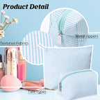 Huhumy 2 Pcs Makeup Bag Set Cute Cosmetic Pouch for Women Seersucker Travel Toiletry Bag Preppy Small Makeup Purse Pouch Aesthetic Skincare Brushes Storage Organizer for Valentine Women(Light Blue)