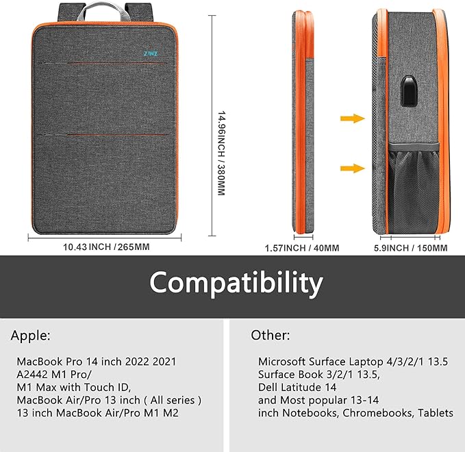 ZINZ Slim & Expandable Laptop Backpack Water Resistant Backpack Travel Backpack Compatible with MacBook Air/Pro/Neo 13-14 inch, XPS 13/14, Surface 13.5" and Most 13-14 Notebooks，G01OG01