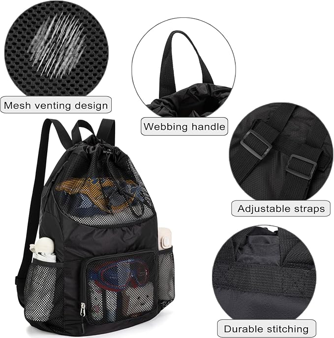 Swim Bag for Kids Mesh Beach Backpack for Boys Lightweight Drawstring Beach Bag Swimming Pool Sports Gym String Bag (Black)
