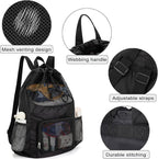 Swim Bag for Kids Mesh Beach Backpack for Boys Lightweight Drawstring Beach Bag Swimming Pool Sports Gym String Bag (Black)