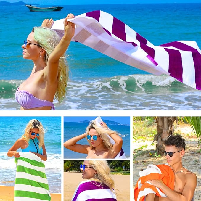Exclusivo Mezcla 2 Pack Cotton Large 30x60 Inches Cabana Stripe Beach Towels, Super Absorbent Soft Plush Pool Bath Towel (Purple)