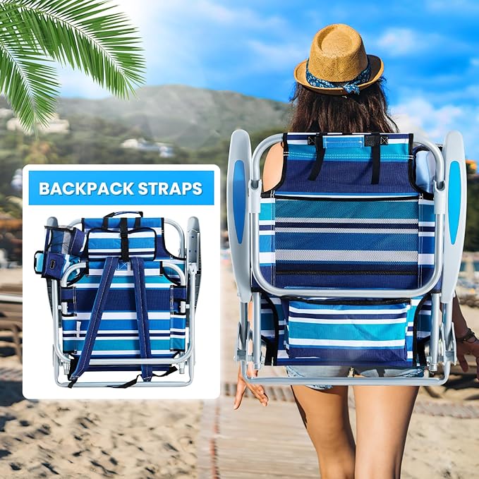 2 Pack Lightweight Portable Camping Beach Chair for Adults, Outdoor Lay Flat Folding Beach Chairs with 5 Positions, Backpack Beach Chair with Towel Bar, Zipper Pouch, Cup Holder, Blue Green