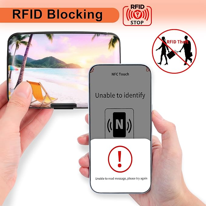 Mayski Credit Card Holder, RFID Blocking, Aluminum Alloy Hard Case, Small Mini Business Metal Wallet for Women Men, Seaside