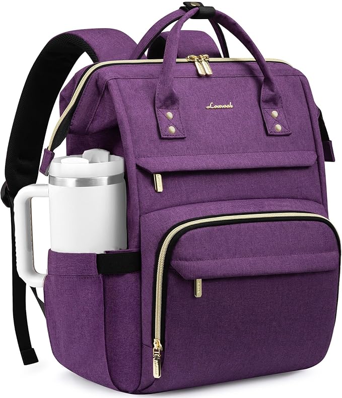 LOVEVOOK Laptop Backpack for Women with Giant Tumbler Holder Pocket,18 inch Waterproof Travel Backpack Purse Computer Laptop Bag,Professional Work College Nurse Teacher Backpack Daypack,Dark Purple