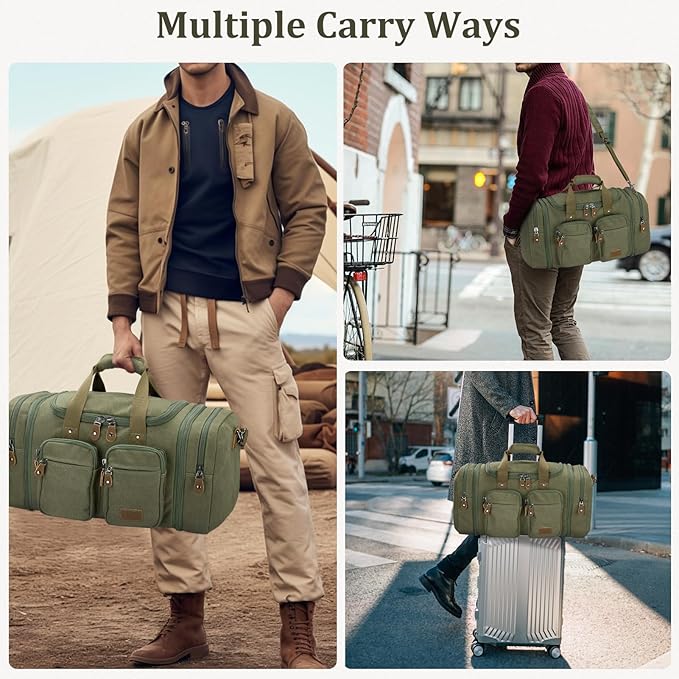 Gonex Canvas Duffle Bag for Travel, Expandable Water Resistant 50L Carry on Duffel Overnight Weekender Gym Bag with Wet Dry Separation Pocket & Suitcase Handle Sleeve, Army Green