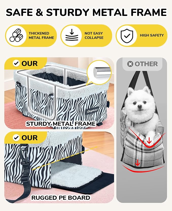 Center Console Dog Car Seat, Puppy Carseat for Small Dogs, Cat Car Seat with Metal Frame and Double Protection Seat Belts, Pet Booster Seat with Washable Cushion and Clip-on Leash Cute Zebra Print