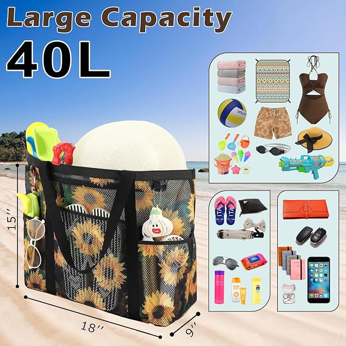 Fammart Mesh Beach Bag with Zipper, Large Beach Tote for Women, Toys Pool Swim Bag Travel Vacation Cruise Essentials