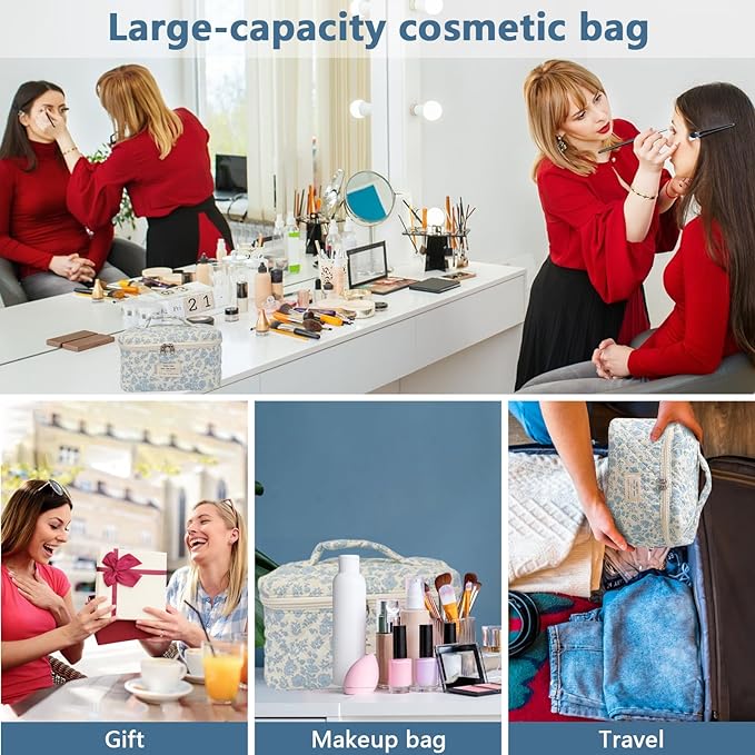 Gosect Large Makeup Bag, Cute Cosmetic Bag for Women Girls, Floral Coquette Aesthetic Toiletry Bag, Travel Make Up Organizer Bag (Black Flower)