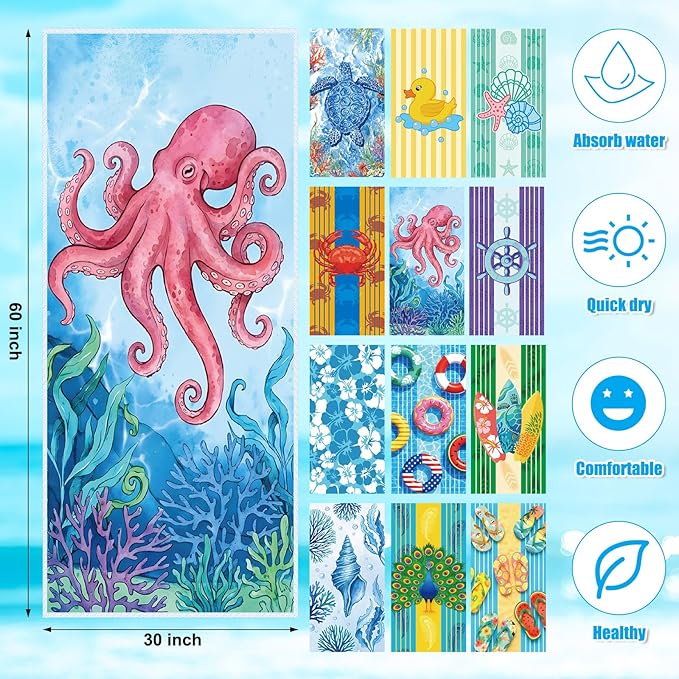 12 Pcs Island Oversized Microfiber Beach Towels Set 30 x 60 Extra Large Fiber Swim Pool Towel Absorbent Bath Blanket for Travel Vacation Accessories Gift Spa Soft Lightweight
