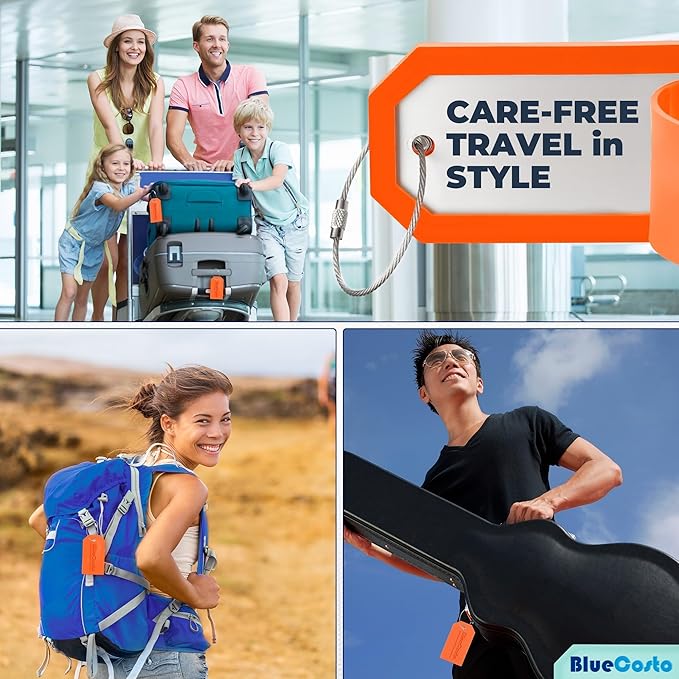 BlueCosto - Luggage Tags - Large, Orange, 5 PK - PVC Suitcase Tags w/Privacy Cover & Stainless Steel Wire Loops - Personalized Baggage Identifiers for Travel - Backpack Name Labels