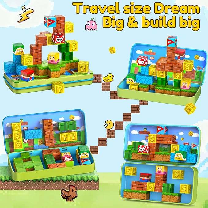 KAEILORU Magnetic Blocks Travel Toys for Kids Ages 4-8, 35 PCS Magnetic Cubes STEM Learning Set with Portable Iron Storage Box Construction Learning Toys for Toddlers Ages 3-5