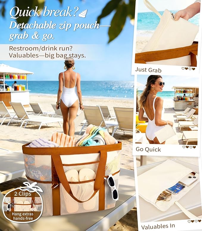 2026 Stylish & Spacious XX-Large Beach Bag for Women – Mesh × Canvas Tote with Top Zipper, 11 Tall Pockets | 40L+ Spacious, 11 Tall Pockets, Zipper Pouch, Secure Zip-Top, Sand-Resistant Base