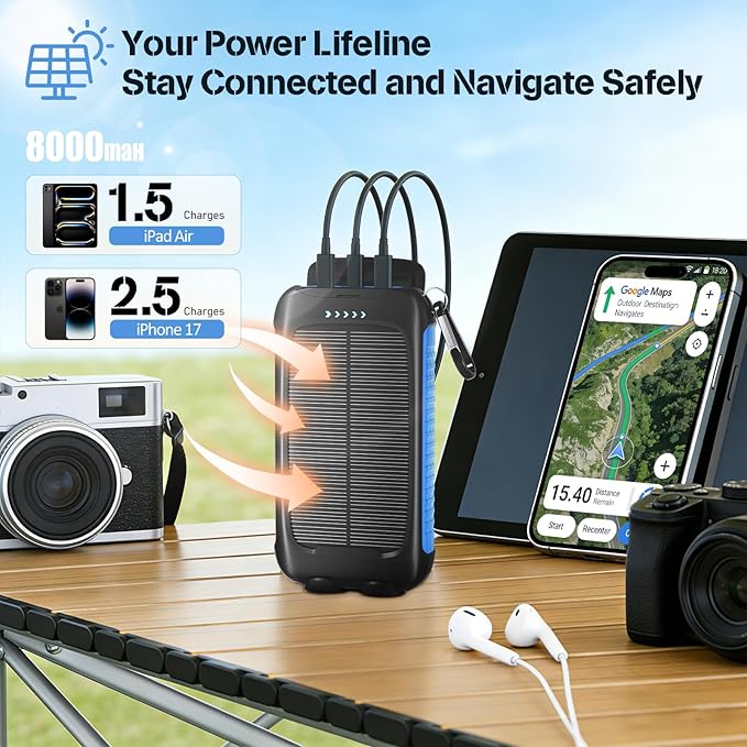 Portable Charger Solar Power Bank 20000mAh with USB-A and USB-C 5V/3A Output Port Blue Battery Pack Compatible with iPhone, Samsung, Waterproof Emergency LED Flashlights Perfect for Camping, Hiking