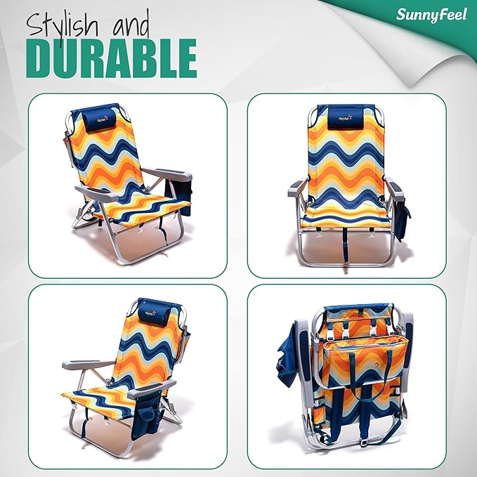 SUNNYFEEL Low Beach Chair 2 Pack, 5-Position Lay Flat Reclining, Backpack Portable Folding Chairs with Cooler Bag & Cup Holder, Heavy Duty 350 LBS, Compact for Beach, Camping, Travel