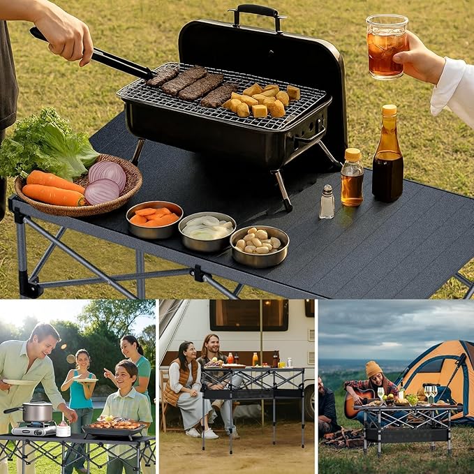 Anbte 34.2” Tall Camping Table Foldable, 2 Adjustable Height Large Roll Up Camping Table Support 264lbs with Storage Basket and Bag, Waterproof, for Travel BBQ Outdoor Patio, 39.4” x 19.7”, Black