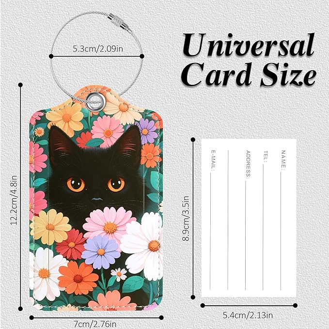 Luggage Tags for Suitcases, 2 Pack Cute PU Leather Luggage Tag TSA Approved with Stainless Steel Loop and Address Card Baggage Tag for Travel&Cruise Ships&Shipping Black Cat Floral, by Chelmon