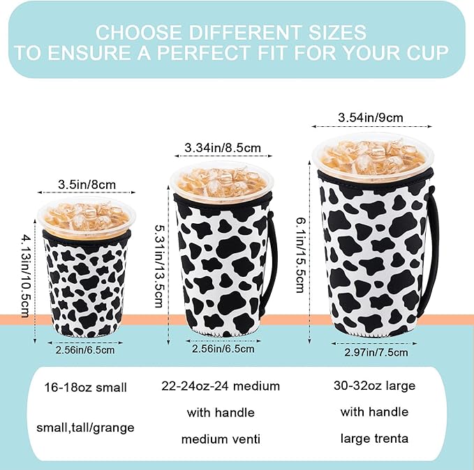 KJQJLY 3 Pack Reusable Iced Coffee Sleeves for Iced Coffee Cups or Drinks Reusable Neoprene Insulated Sleeves for Hot and Cold Drinks from Starbucks, Dunkin, And More (Cows)