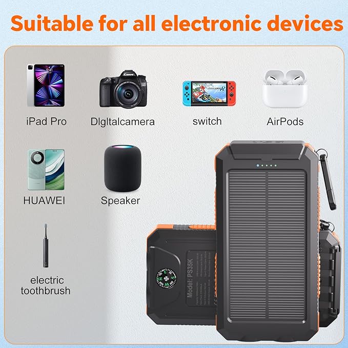 Solar Power Bank 20,000mAh, Portable Phone Charger, 4 Cables Outdoor Waterproof External Backup Power Charger with USB-C for Cell Phones, Solar Battery Pack with Dual Flashlight for Camping
