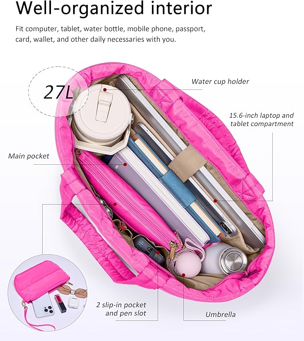 Puffer Tote Bag for Women, Lightweight Puffy Tote with Compartments, Shoulder Bag Crossbody Bags for Women Travel, Work, Gym