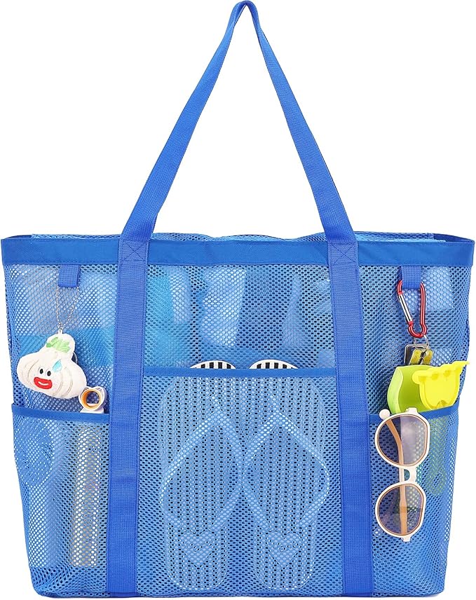Fammart Mesh Beach Bag with Zipper, Large Beach Tote for Women, Toys Pool Swim Bag Travel Vacation Cruise Essentials