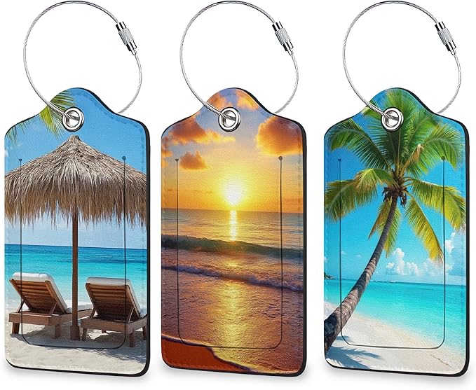Seaside 3 Pack Luggage Tag for Suitcase, Unique Leather Travel Tags Identifiers with Privacy Name Address Labels & Durable Steel Loop for Women Men Travel