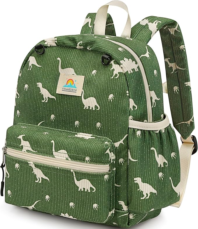 STEAMEDBUN Corduroy Toddler Backpack for Boys 2-4: Kids backpack for Boys Girls - 12 inch Preschool Kindergarten Backpacks - Dinosaur