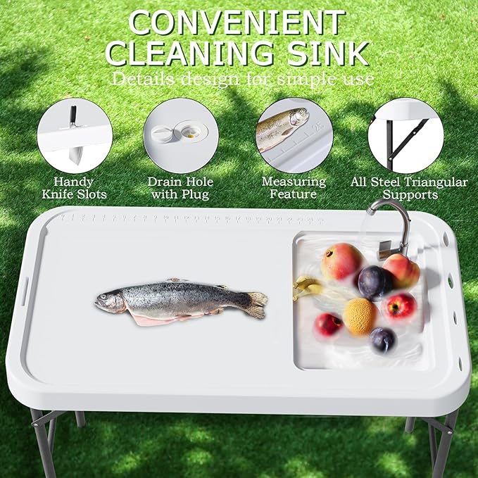 Folding Fish Cleaning Table with Sink, Portable Camping Sink Table with Measure Mark, Drainage Hose and Knife Groove, Outdoor Fish Fillet Cleaning Station for Picnic Fishing, White