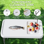 Folding Fish Cleaning Table with Sink, Portable Camping Sink Table with Measure Mark, Drainage Hose and Knife Groove, Outdoor Fish Fillet Cleaning Station for Picnic Fishing, White