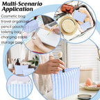 Huhumy 2 Pcs Makeup Bag Set Cute Cosmetic Pouch for Women Seersucker Travel Toiletry Bag Preppy Small Makeup Purse Pouch Aesthetic Skincare Brushes Storage Organizer for Valentine Women(Blue Wide)