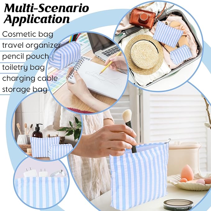 Huhumy 2 Pcs Makeup Bag Set Cute Cosmetic Pouch for Women Seersucker Travel Toiletry Bag Preppy Small Makeup Purse Pouch Aesthetic Skincare Brushes Storage Organizer for Valentine Women(Blue Wide)