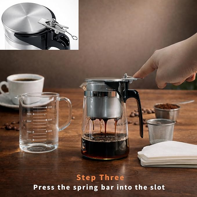 Pour Over Coffee Maker Set, 304 Stainless Steel Coffee Dripper with On/Off Switch, Borosilicate Glass Small Coffee Pot, 50 Filter Papers, Multi-Functional Immersion Drip Cafe Brewer Machine (1, 250ml)