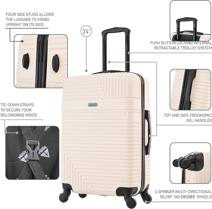 InUSA RESILIENCE Luggage with Spinner Wheels | Durable Lightweight Hardside Spacious Travel Bag with Handle and Trolley | 24-Inch Medium Checked Luggage | Sand