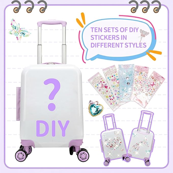 Kids Luggage Sets Suitcase Set with Travel Pillow for Girls 10 Sheets Gem Stickers Small Suitcase with Wheels Hardshell Carry on Luggage for Airplane Travel Essential DIY Styles Purple