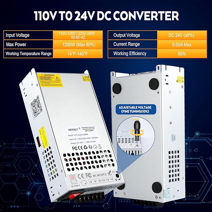 VAYALT 24V 50A 1200W DC Switching Power Supply, Universal Regulated Switching AC 110V/220V to DC 24V Transformer, 24V Power Supply for Industrial, CCTV, Computer Project, 3D Printer, LED Strip Light