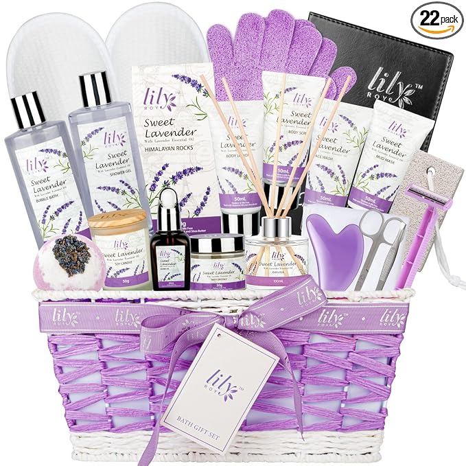 Gifts for Women, Spa Gift Basket for Women, Mother's Day Gift Basket for Mom - 22 Piece Lavender Bath and Body Skin Care Set for Women, Spa Kit | Birthday Gifts, Valentines Day Gift, Christmas Gift