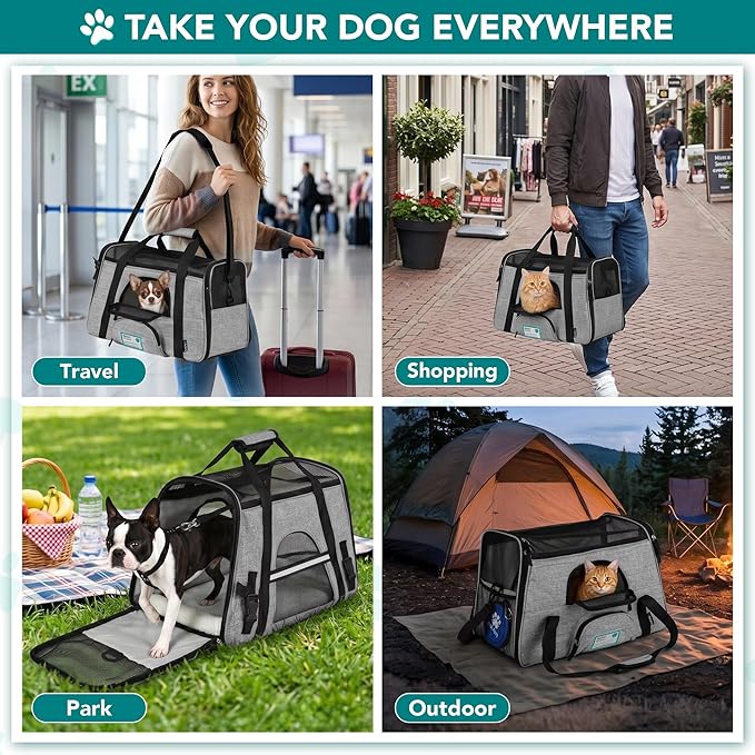 PetAmi Airline Approved Pet Carrier for Cats & Small Dogs, Soft Sided TSA Travel Carrier Bag Sherpa Bed, Breathable Mesh Ventilation, Collapsible Bowl, Fit Under Seat, Up to 18 lbs, Small Heather Gray