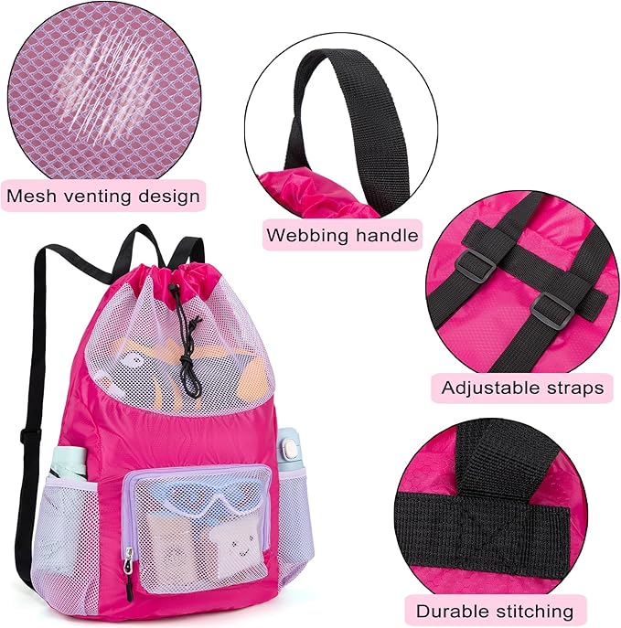 Swim Bag for Kids Mesh Beach Backpack for Girls Lightweight Drawstring Beach Bag Swimming Pool Sports Gym String Bag (Purple)
