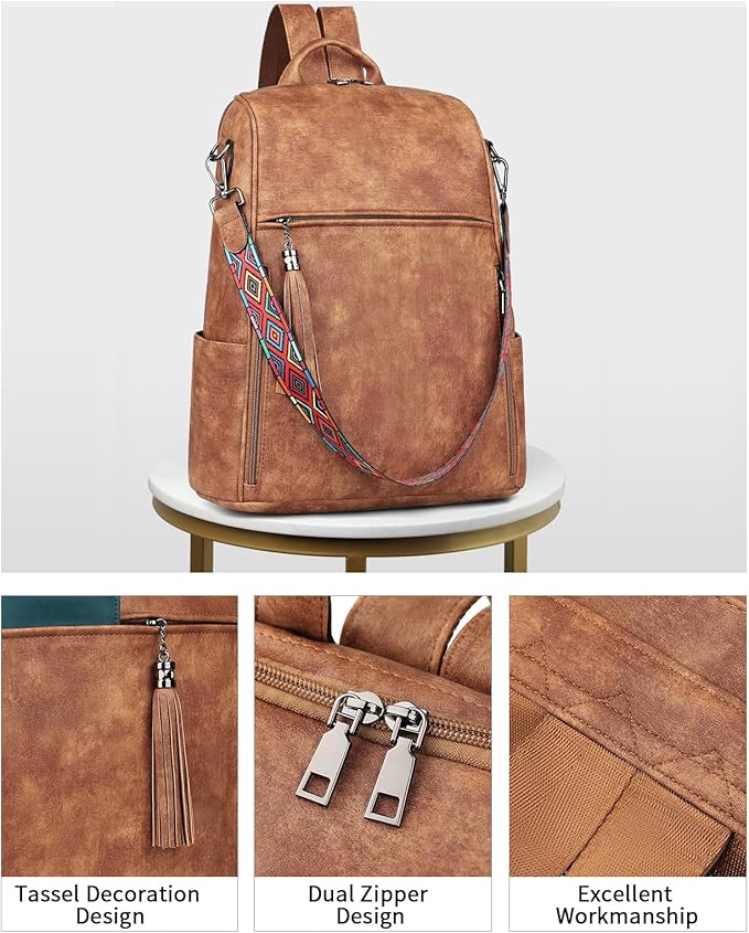FADEON Leather Laptop Backpack for Women Designer 15.6 inch PU Laptop Bag, Ladies Travel Computer Work Backpack Brown