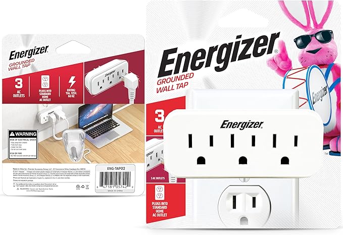 Energizer 2 Packs of 3 Device Multi Plug Wall Outlet Extender (3) AC Power Outlets Grounded Power Strip Expander Splitter Plug in Adapter