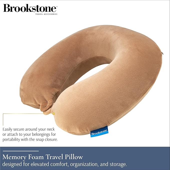 Brookstone Travel Neck Pillow - Lightweight U-Shaped Memory Foam Travel Pillow for Airplane, Car Travels & Sleeping, Khaki