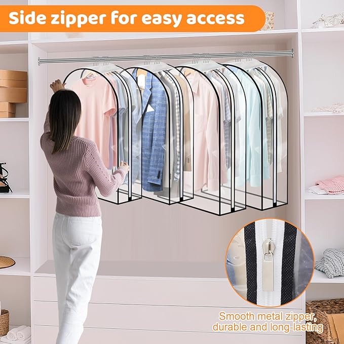 Dntorx 4 Pack Full Clear Garment Bags with Side Zipper, 40&50" Clothes Covers with 10" Gusset, Transparent Hanging Suit & Coat Covers for Closet Storage, Jackets, Dresses, Windbreakers
