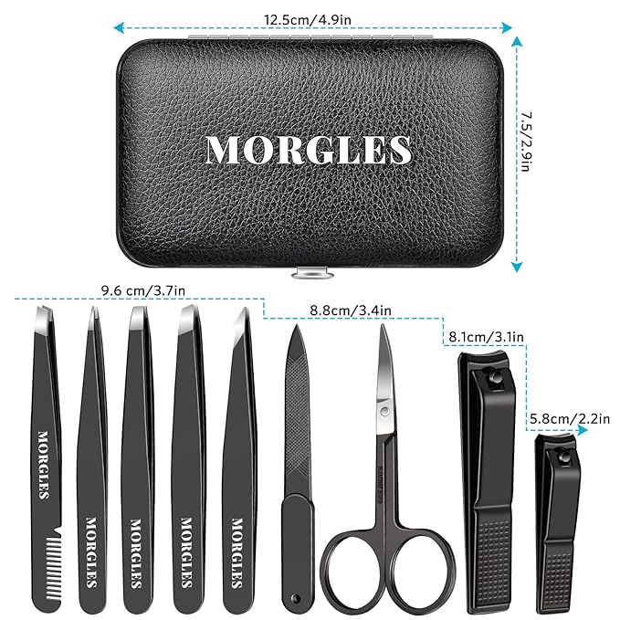 MORGLES Tweezers Set and Nail Clippers, 9 Pcs Stainless Steel Tweezers Kit for Men Professional Manicure Set for Men Grooming Kit With Leather Travel Case
