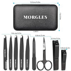 MORGLES Tweezers Set and Nail Clippers, 9 Pcs Stainless Steel Tweezers Kit for Men Professional Manicure Set for Men Grooming Kit With Leather Travel Case