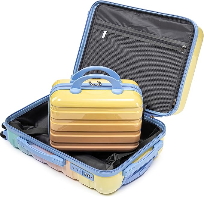 Kids Luggage Sets for Girls, 2 Piece Luggage Set, 20 Inch Rotating Wheel Suitcase with 14 Inch Cosmetic Case, Lightweight Hardshell Suitcase with 360° Spinner Wheels for Travel (Blue+Yellow)