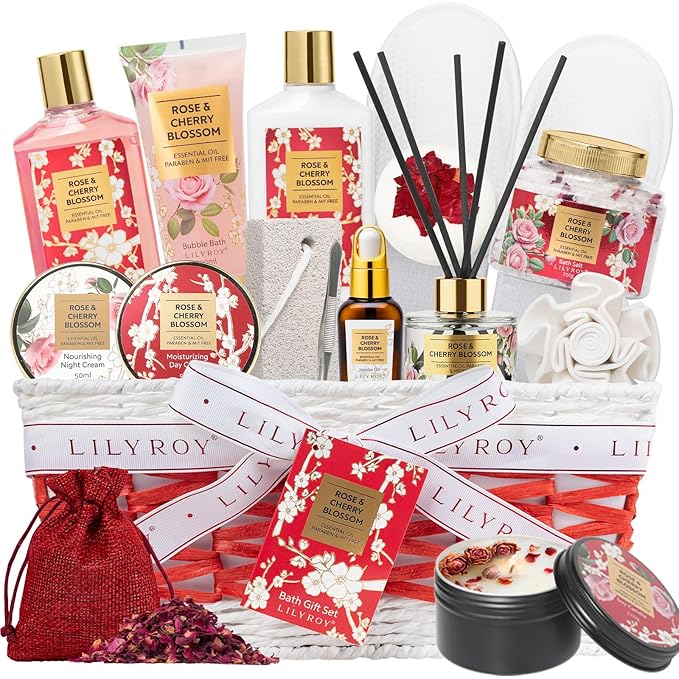 Gifts for Women, 17Pcs Mothers Day Gift Basket for Mom - Rose Bath and Body Spa Gift Basket, Skin Care Set for Women | Relaxing Care Kit for Christmas, Birthday, Valentines Day, Anniversary Gifts