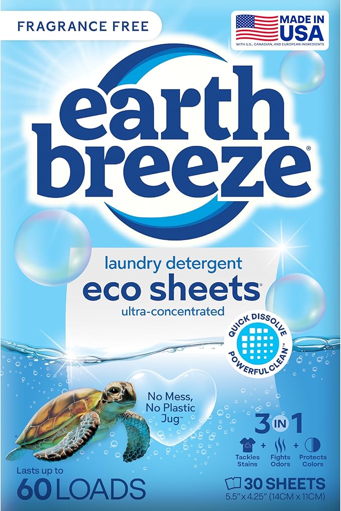 Earth Breeze Laundry Detergent Sheets Fragrance-Free - 60 Loads Eco Liquidless Soap - Travel-Friendly for Hot & Cold Cycles, Tackles Tough Stains & Odors - Gentle on Sensitive Skin, 30 Ct