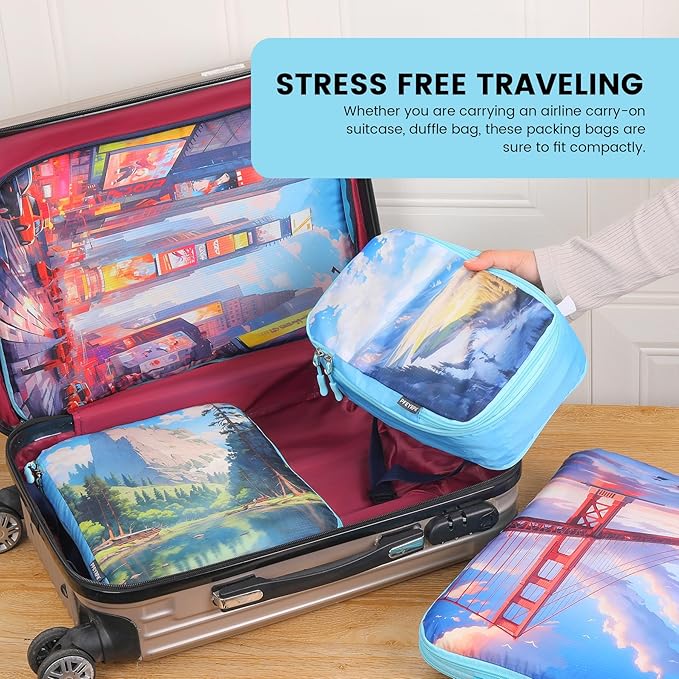 PFEYRPK Lightweight Compression Packing Cubes for Suitcases, Compressible Expandable Travel Packing Organizer with Clear Toiletries and Backpack Bag, Travel Essentials for Carry on Luggage 7 Set