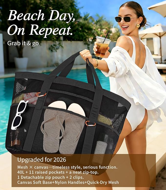 2026 Stylish & Spacious XX-Large Beach Bag for Women – Mesh × Canvas Tote with Top Zipper, 11 Tall Pockets | 40L+ Spacious, 11 Tall Pockets, Zipper Pouch, Secure Zip-Top, Sand-Resistant Base