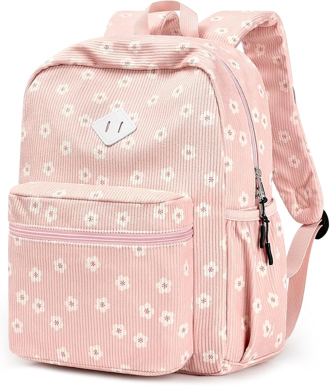 STEAMEDBUN Corduroy Kids Backpack for Girls Boys 3-8, Girls Backpack for Elementary Kindergarten - Pink Sakura