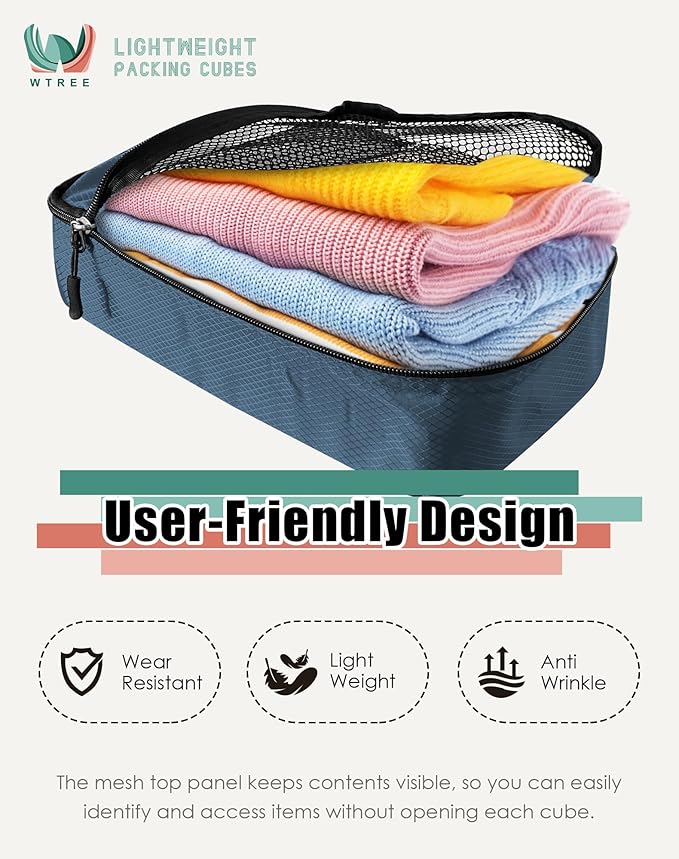 WTREE 4-Piece Packing Cubes Travel Accessories Set for Suitcases - Luggage Organizer Bags with Double Zipper - Mesh Top - Medium - Dark Blue